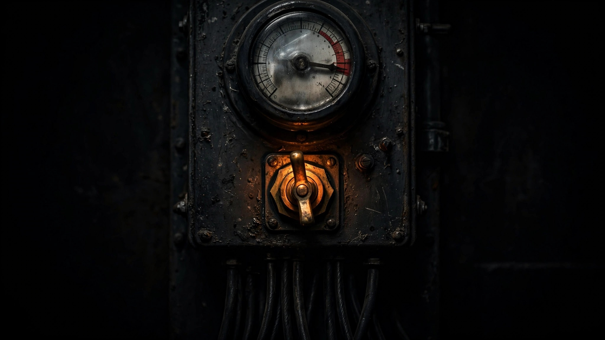 A dark industrial control panel with a large glowing toggle switch flipped on and an analog meter needle pinned in the red zone