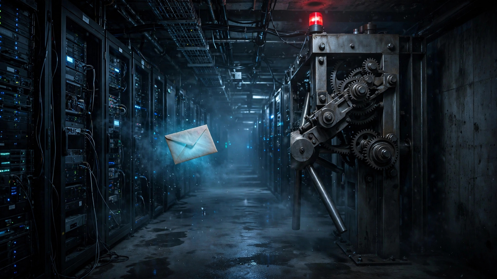 A dark server corridor where a single glowing email envelope drifts toward an exposed document vault, red alarm light overhead