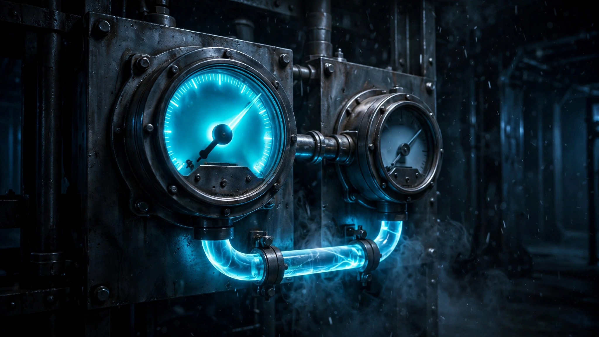 Two glowing gauge dials in a dark instrument panel, one needle swept high and one barely moved, connected by a pipeline